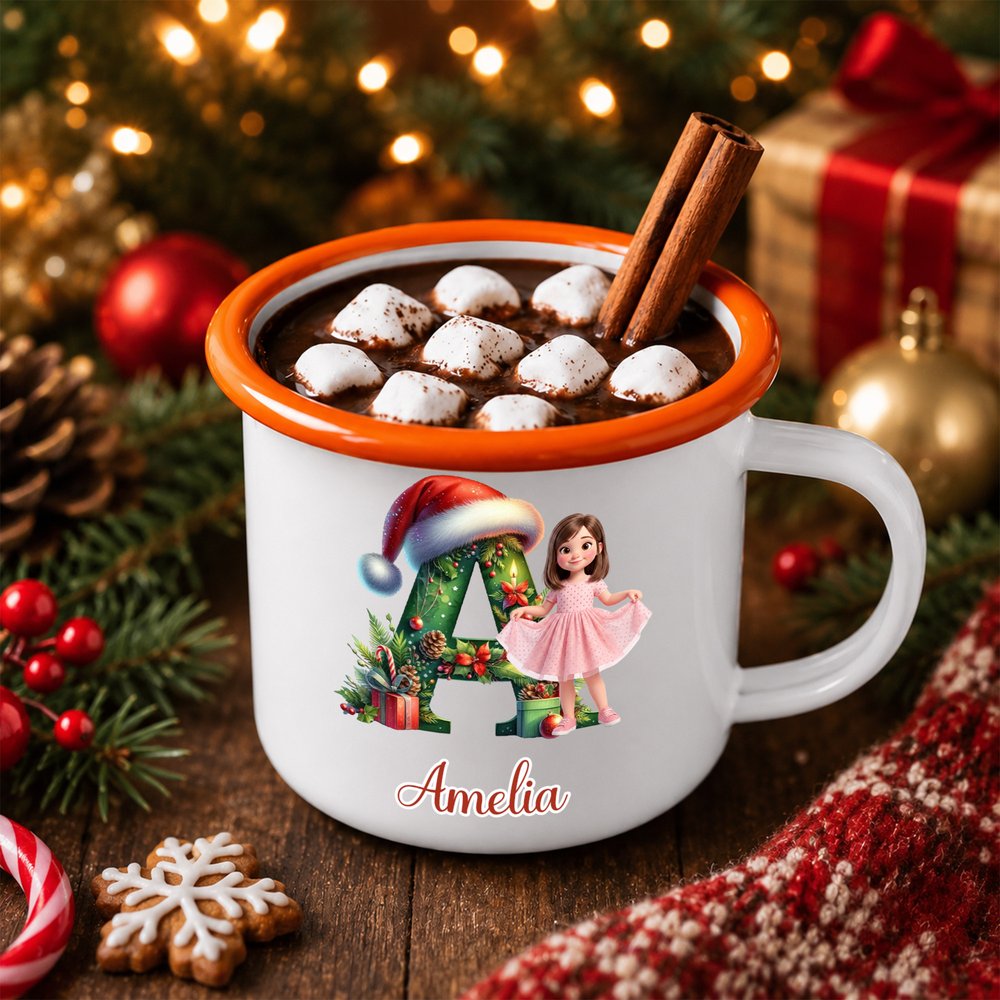 Personlig emaljmugg med 3D-effekt, jultomtemössa, barnets initialer och foto, 12 oz – vardagsmugg och julklapp till barn 4