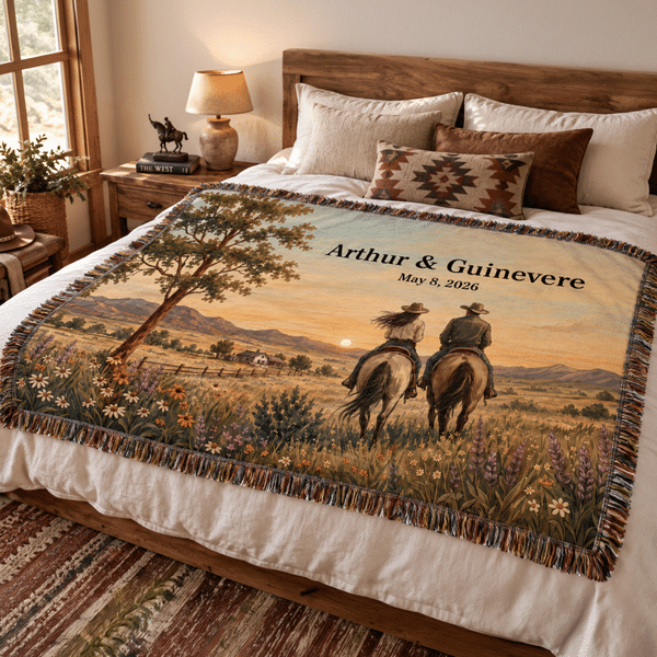 Personalized Vintage Western-Style Soft Throw Tassel Blanket with Name and Date Wedding Anniversary Gift for Couples Newlyweds