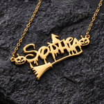 Personalized Witch Hat Magic Broom Gothic Sterling Silver Necklace with Name Halloween Gift for Teen Girls Women