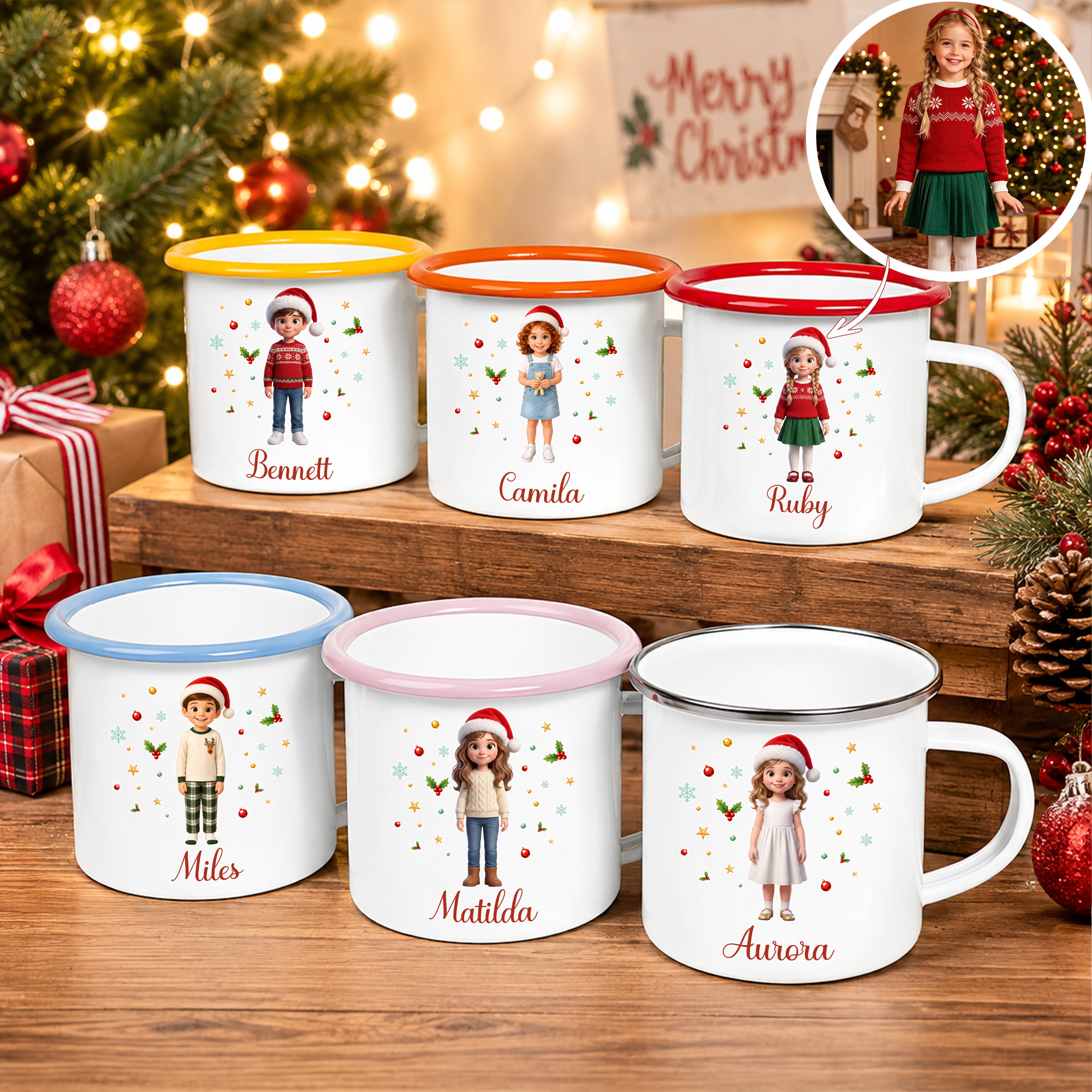 Personalisierte 3D-Effekt-Tasse mit Weihnachtsmannmütze, Cartoon-Motiv und Kinderfoto, 12 oz, Emaille-Becher mit Namen – Alltagsgeschenk zu Weihnachten für Kinder