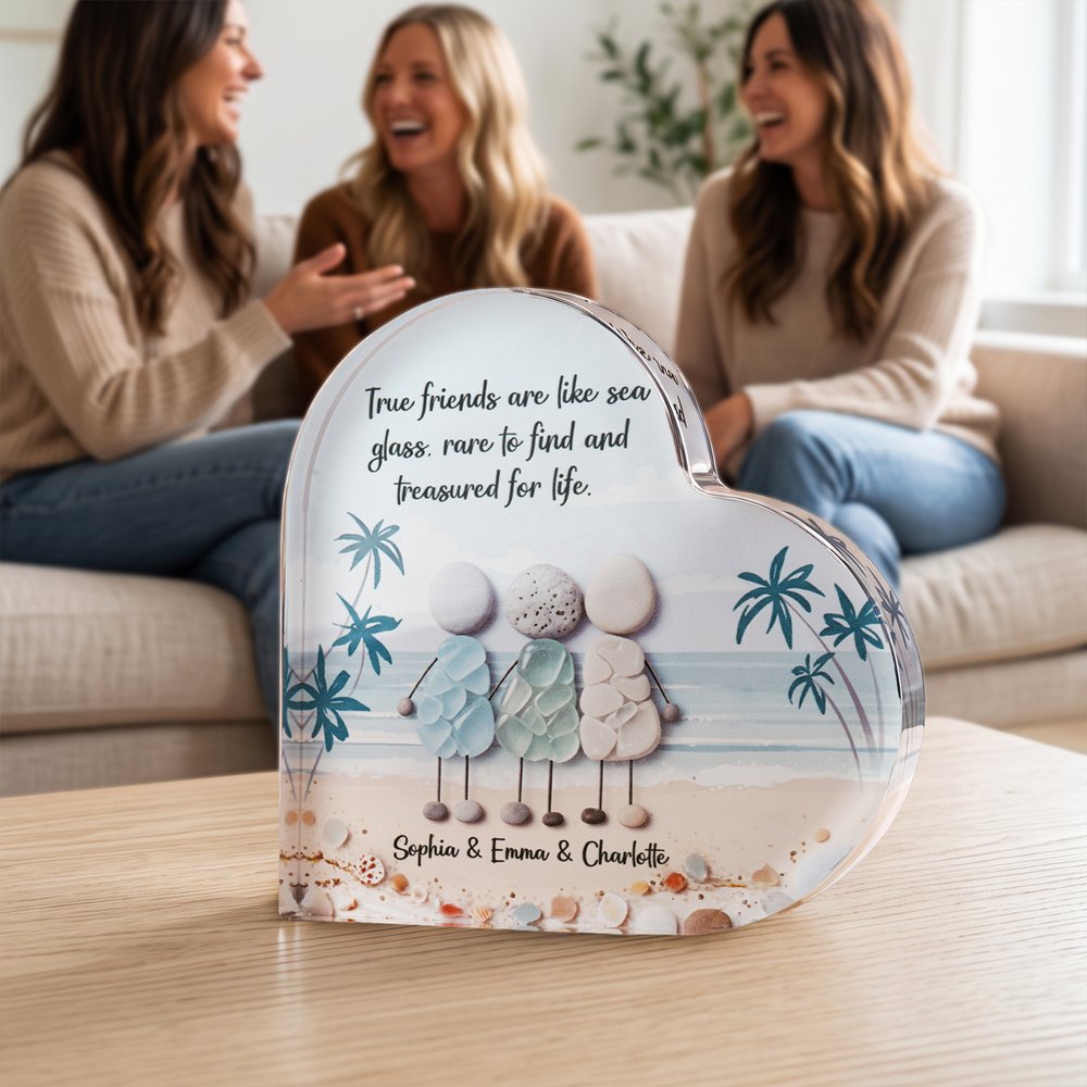 Personalized 3D-Effect Artwork Sea Glass Inspired Beach Heart-Shaped Acrylic Plaque with Text Birthday Friendship Gift for Sisters Friends Bestie 5