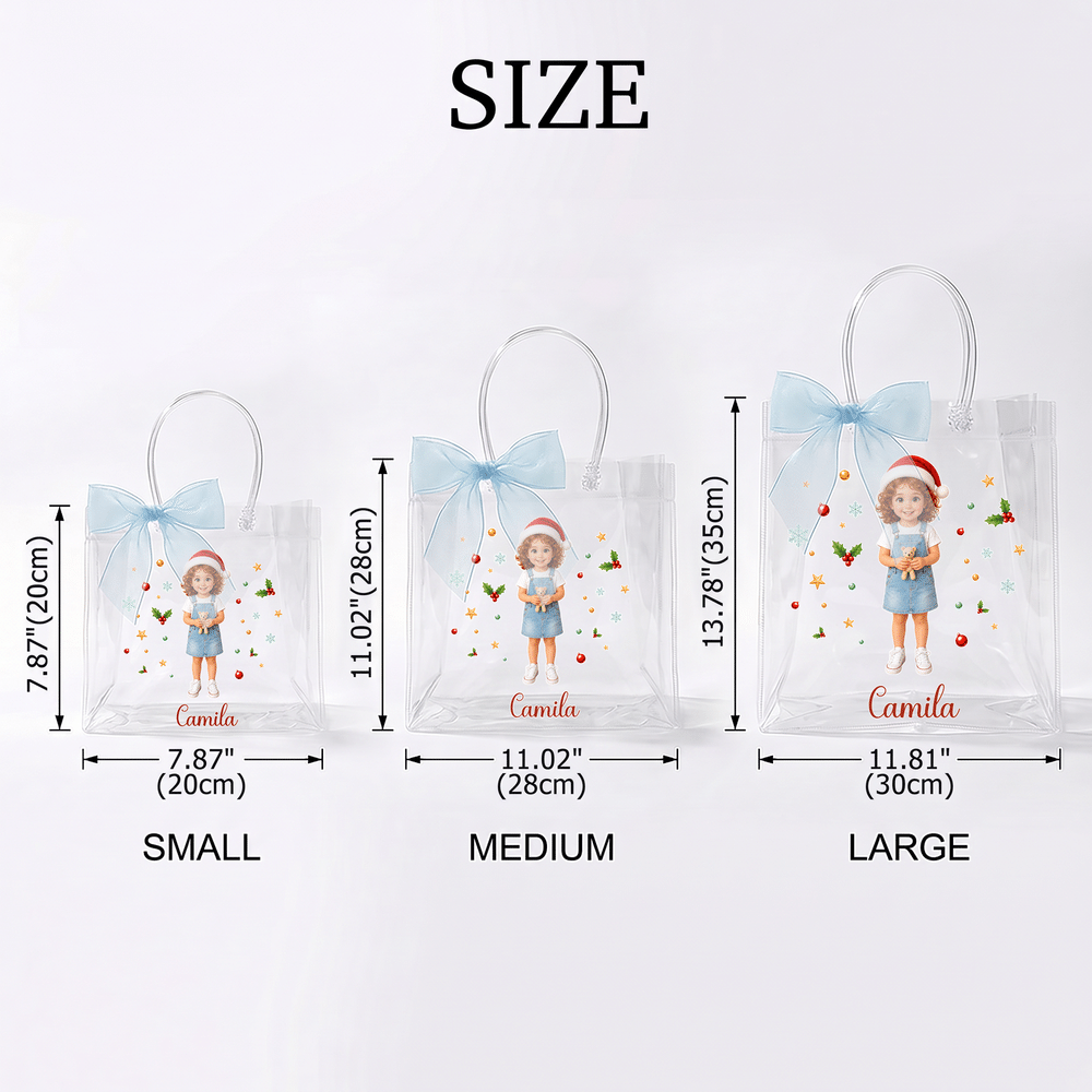 Personalized Snowflake 3D-Effect Artwork Cartoon Character Photo Transparent Bag with Name Christmas Party Gift for Kids Children 6