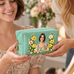 1. Personalized Birth Flower Portrait Photo PU Leather Makeup Bag with Name Daily Use Birthday Gift for Girls Women