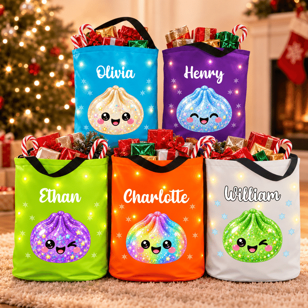 Personalised Multicolour Cute Christmas Glittering Dumpling LED Light Bucket Bag with Name Christmas Party Gift for Kids