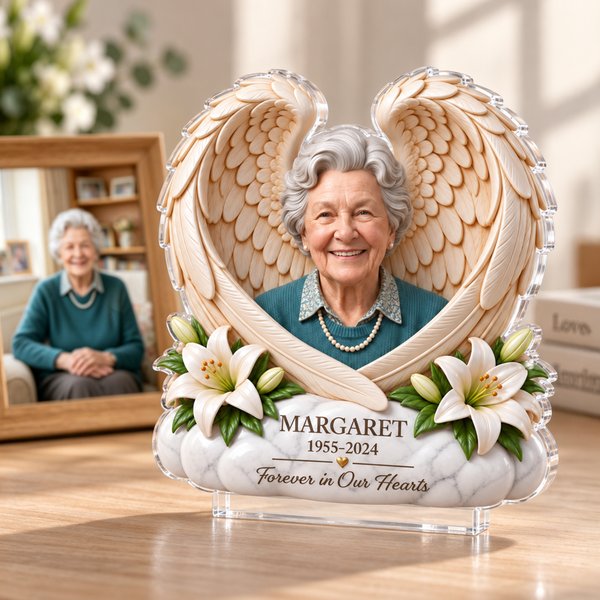 Placa de acrílico transparente personalizada con una foto de familiares y alas de ángel, con nombre, como regalo de condolencia por la pérdida de un padre, una madre o un familiar