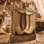 Personalised Western Cowboy Boots Mr and Mrs Layered Wooden Decoration with Name and Date Wedding Anniversary Gift for Bride Groom