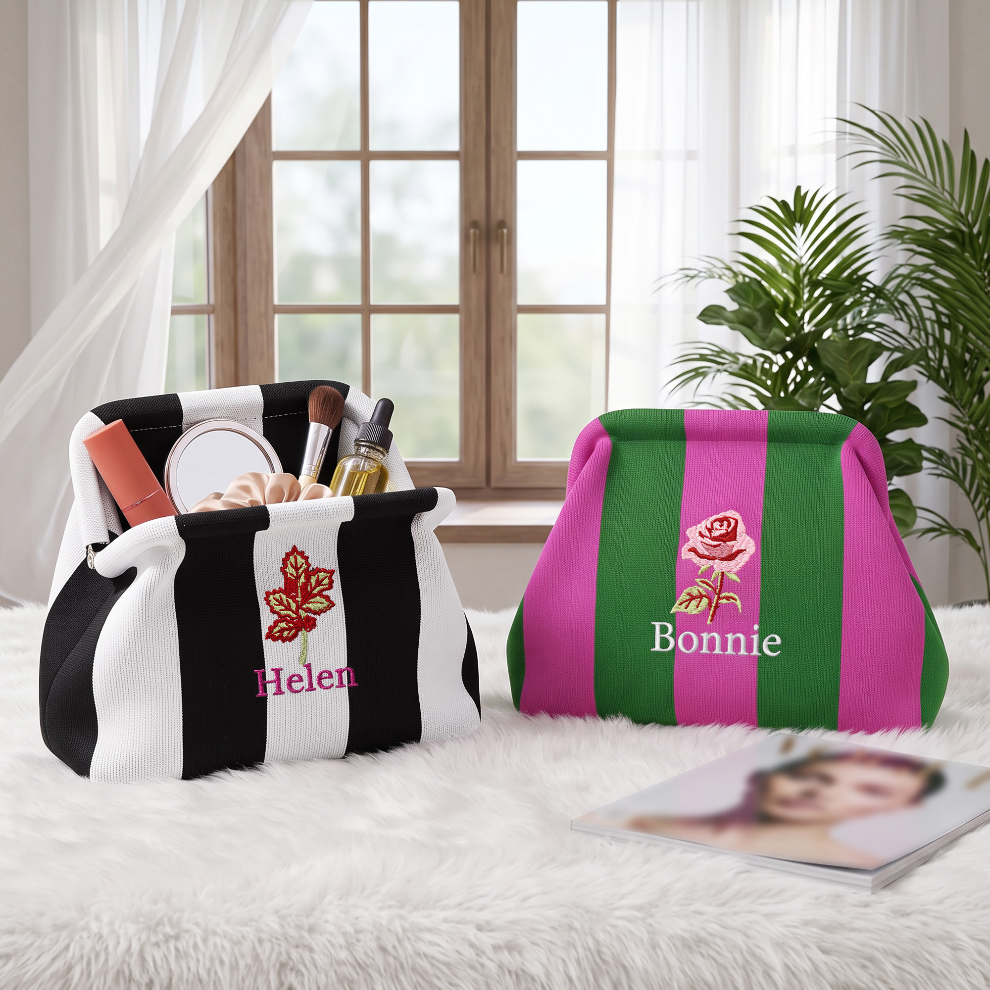 Personalisierte, mehrfarbig bestickte, gestreifte Strick-Kosmetiktasche mit Geburtsblume und Namensstickerei – Geburtstagsgeschenk für Frauen
