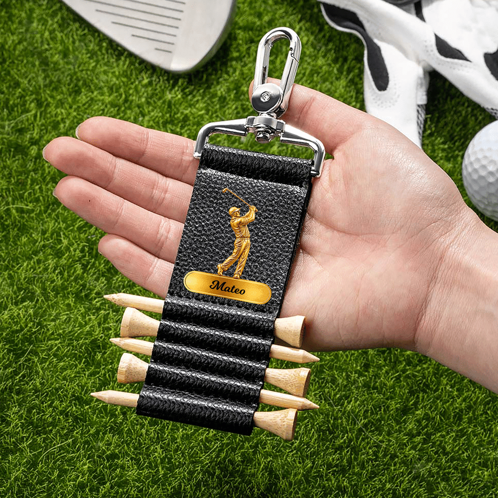 Personalized Golf Swing Pattern PU Leather Golf Tee Holder Bag Tag with Name and 5 Pcs Bamboo Tees Game Day Birthday Gift for Golf Lovers 3