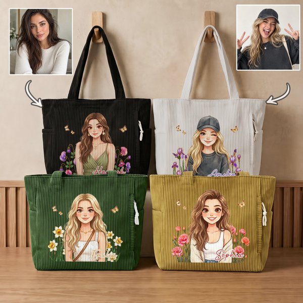 Personalised Cartoon Character Birth Flower Corduroy Tote Bag with Name Daily Use Shopping Birthday Gift for Girlfriend Women