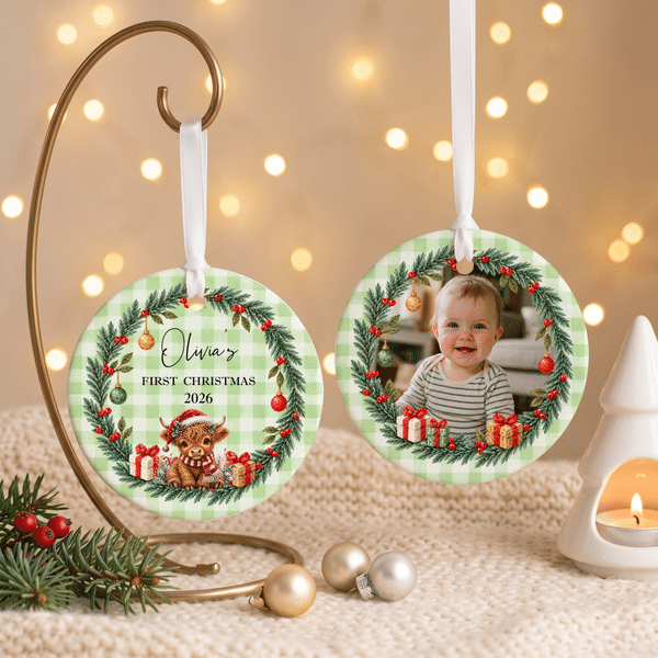 Personalised Highland Cow Baby Photo Ceramic Ornament with Name Family Gathering First Christmas Gift for Newborn