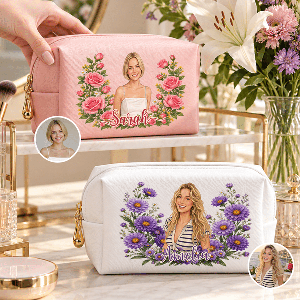 1. Personalized Birth Flower Portrait Photo PU Leather Makeup Bag with Name Daily Use Birthday Gift for Girls Women