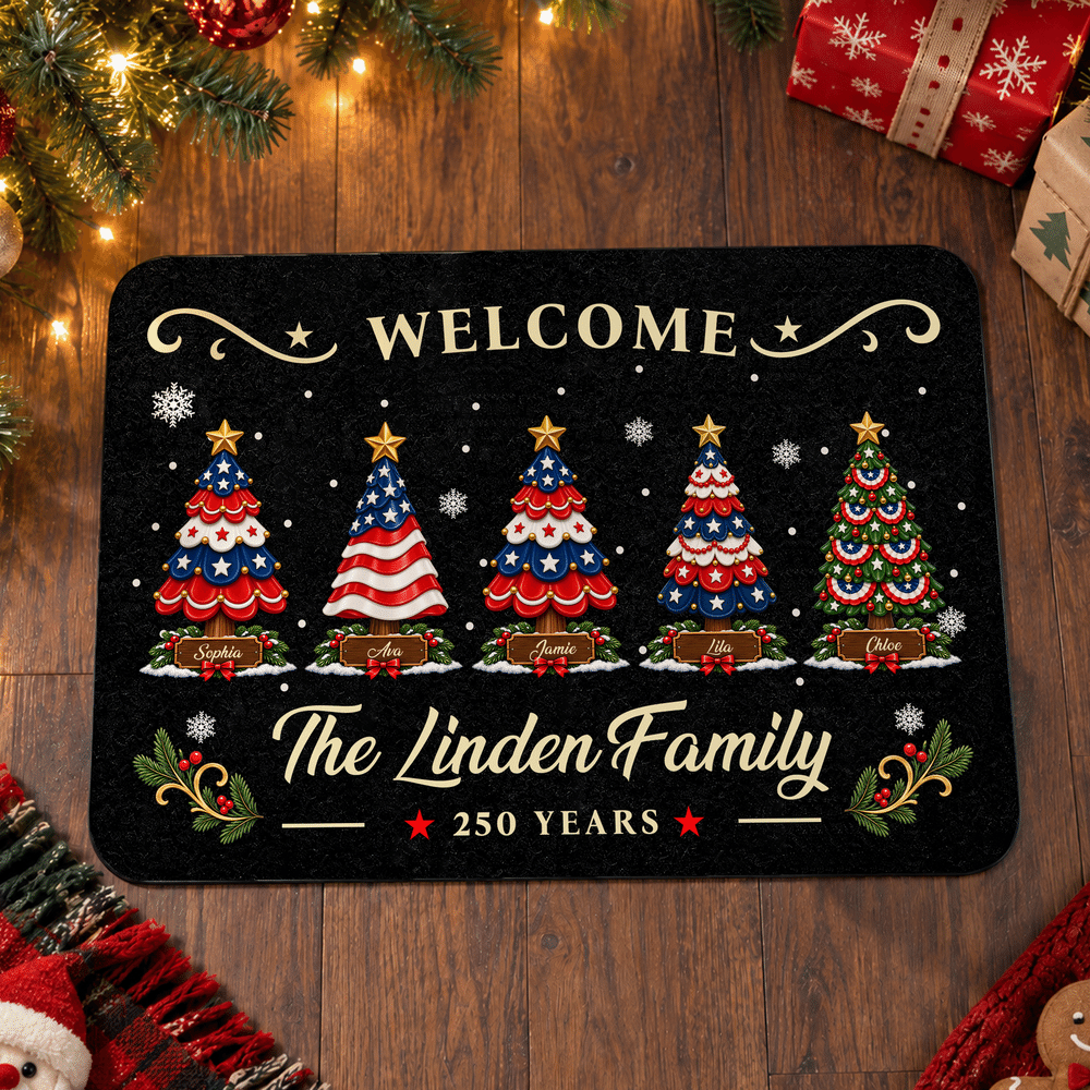 Felpudo de bienvenida personalizado «250 años» con árbol de Navidad en rojo, blanco y azul, con nombre y texto. Decoración para el hogar. Regalo de Navidad para la familia. 2