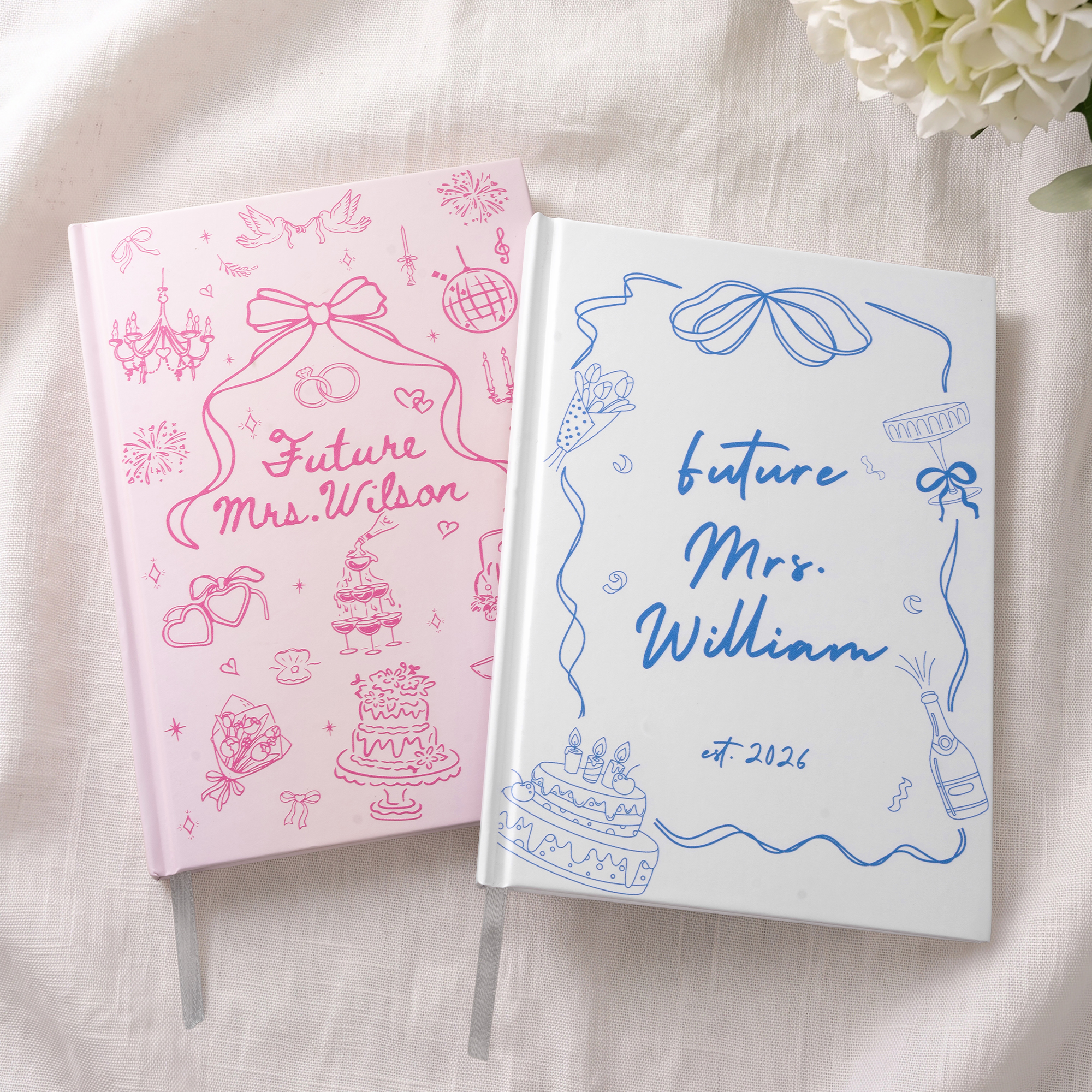 Personalised Bow Cake Flower Future Planning Mrs Hardcover Journal Notebooks with Name and Date Wedding Engagement Bridal Shower Gift for Bride