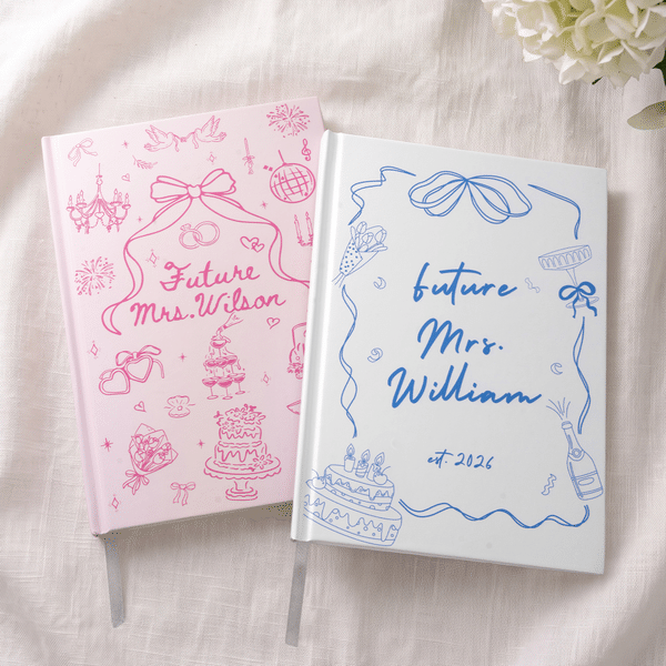 Personalised Bow Cake Flower Future Planning Mrs Hardcover Journal Notebooks with Name and Date Wedding Engagement Bridal Shower Gift for Bride