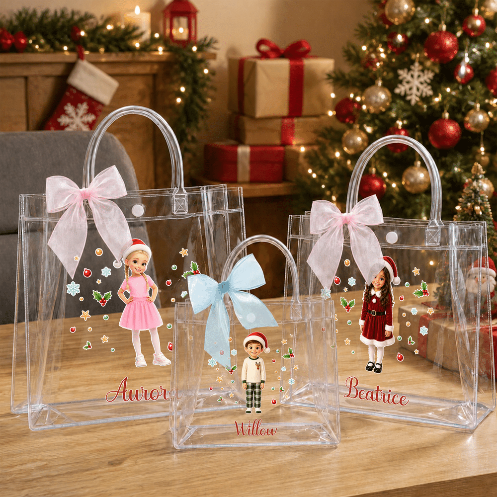 Personalized Snowflake 3D-Effect Artwork Cartoon Character Photo Transparent Bag with Name Christmas Party Gift for Kids Children 3