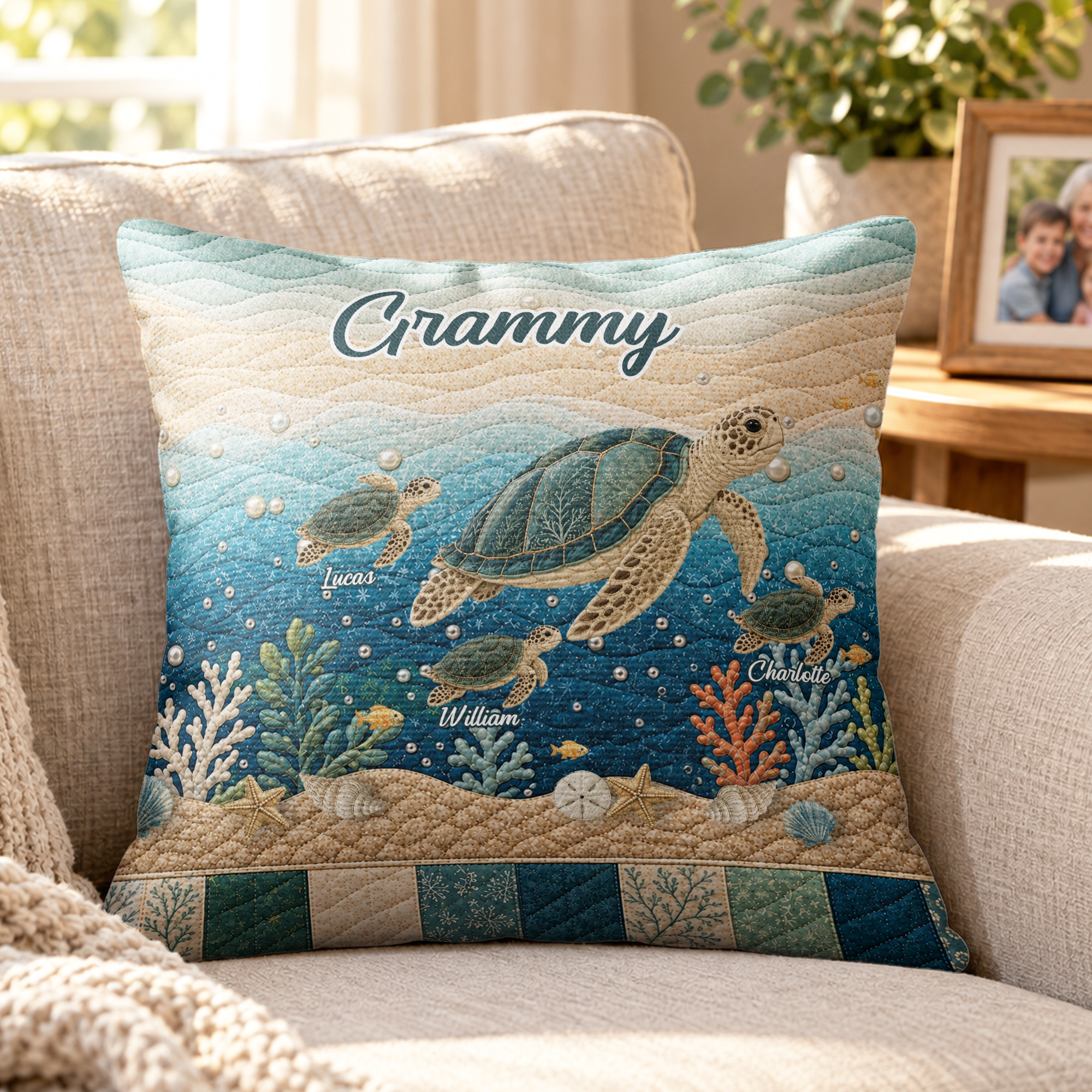 Personalised Mum Sea Turtle and 1-10 Baby Sea Turtles Soft Cushion Cover with Title and Name Room Decor Birthday Gift for Mum Gran Family