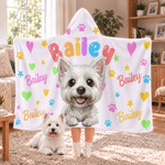 Personalised Comic Style Cartoon Pet Photo Heart Pattern  Hoodie Blanket with Name Home Decor Birthday Christmas Gift for Pet Lover