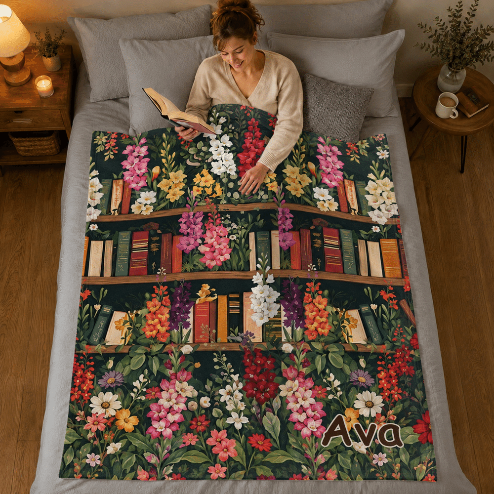 Personalized Vintage Birth Flower Bookshelf Soft Throw Blanket with Name Home Decor Birthday Gift for Book Lovers Readers 3