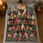 Personalized Vintage Birth Flower Bookshelf Soft Throw Blanket with Name Home Decor Birthday Gift for Book Lovers Readers 3