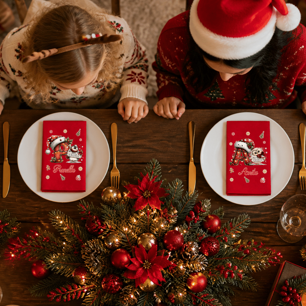 Personalized Hedgehog Fox Vintage Christmas Initial 100% Cotton Red Napkin with Name Table Decor Christmas Gift for Family Friends 3