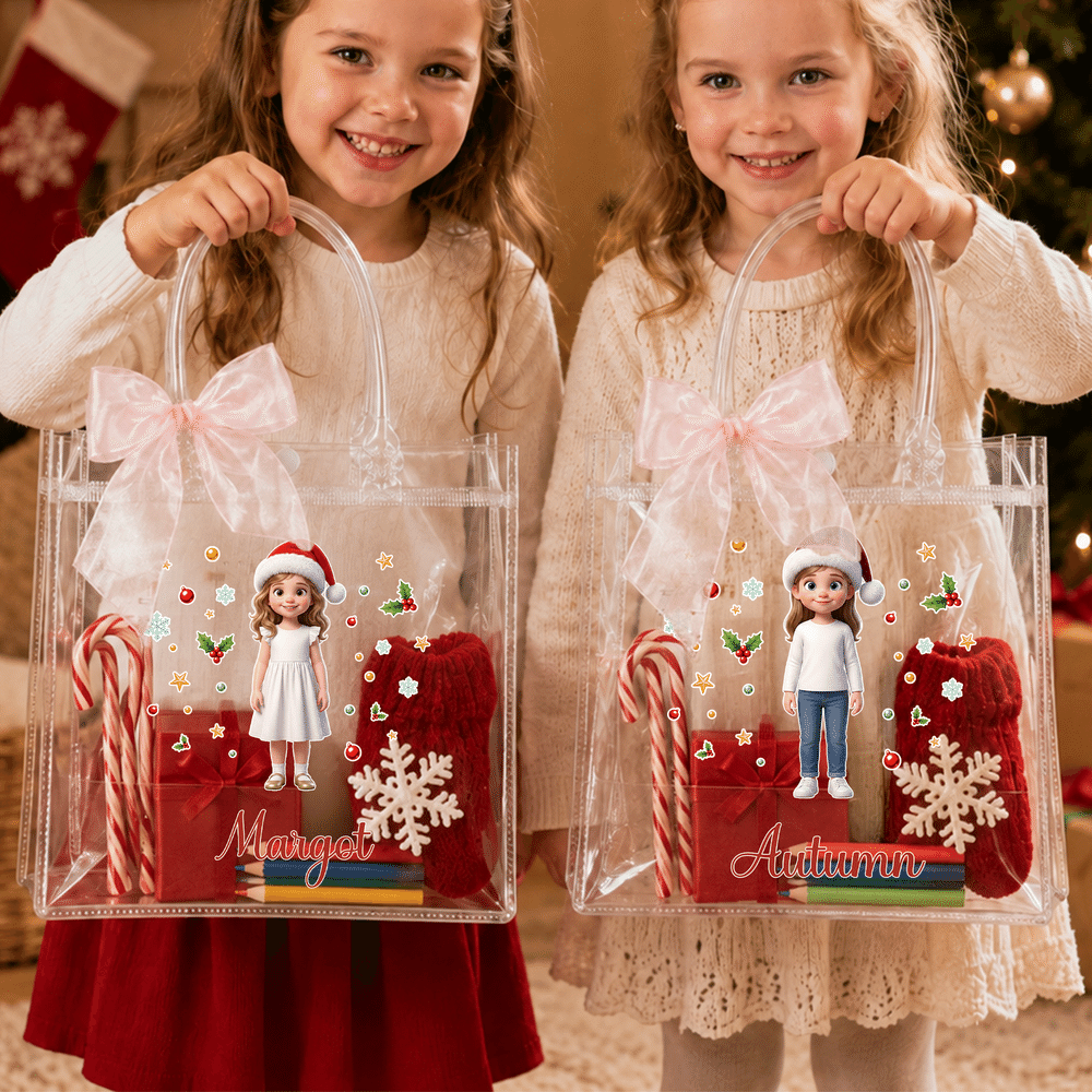 Personalized Snowflake 3D-Effect Artwork Cartoon Character Photo Transparent Bag with Name Christmas Party Gift for Kids Children 2