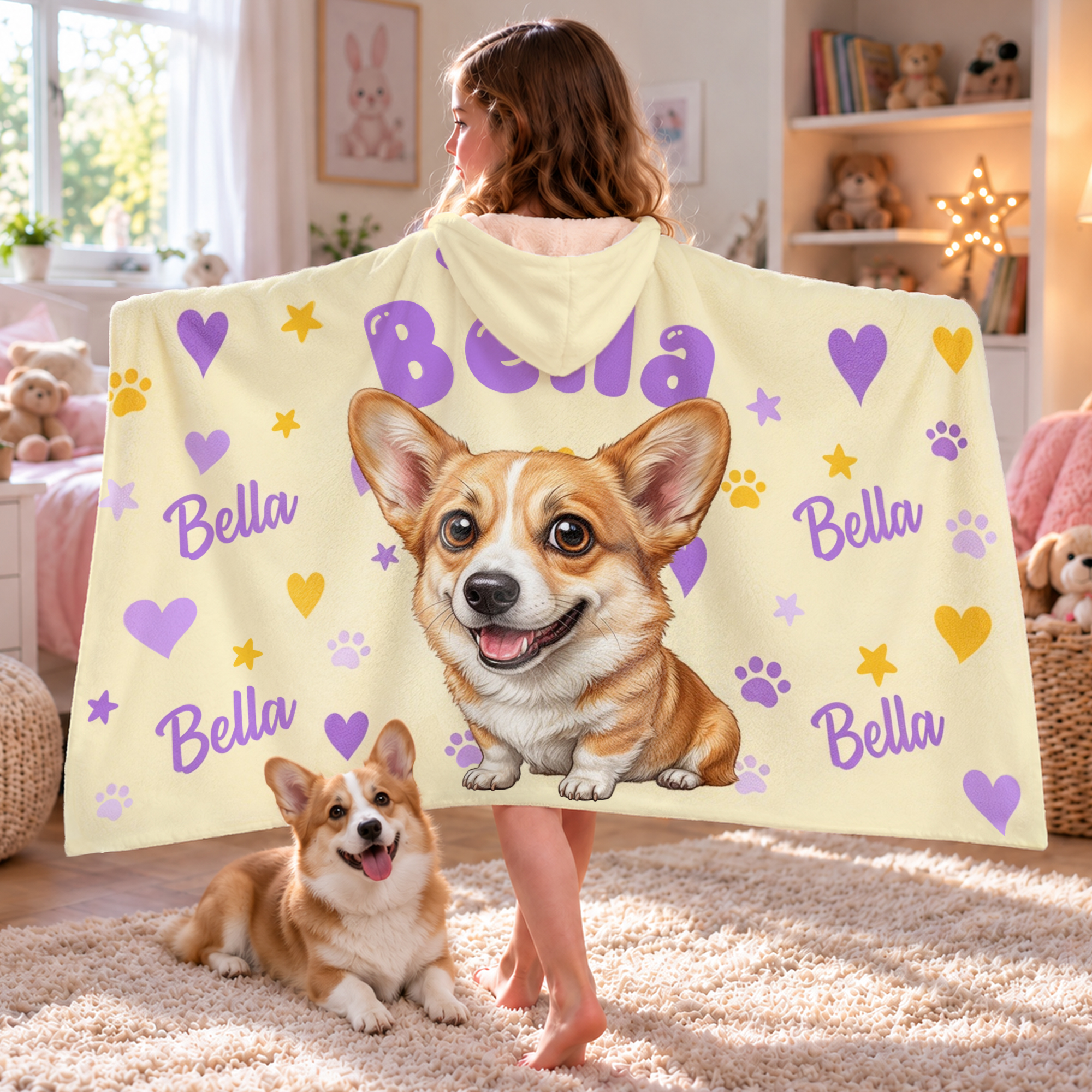 Personalized Comic Style Cartoon Pet Photo Heart Pattern Hoodie Blanket with Name Home Decor Birthday Christmas Gift for Pet Lover