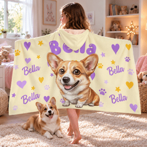 Personalised Comic Style Cartoon Pet Photo Heart Pattern  Hoodie Blanket with Name Home Decor Birthday Christmas Gift for Pet Lover