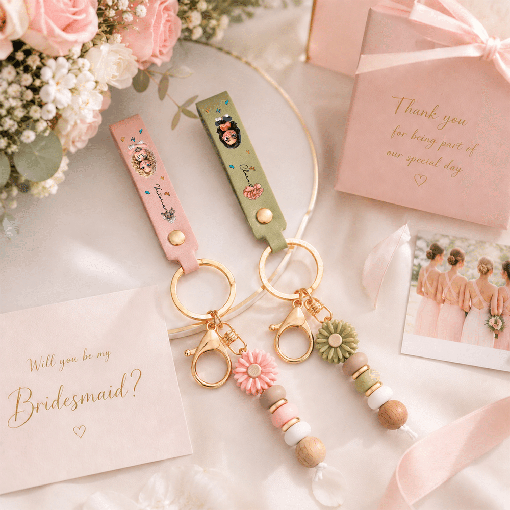 Personalised Birth Flower Photo Design PU Leather Keyring with  Name and Daisy Bead Pendant Wedding Party Birthday Gift for Bridesmaids Women 2