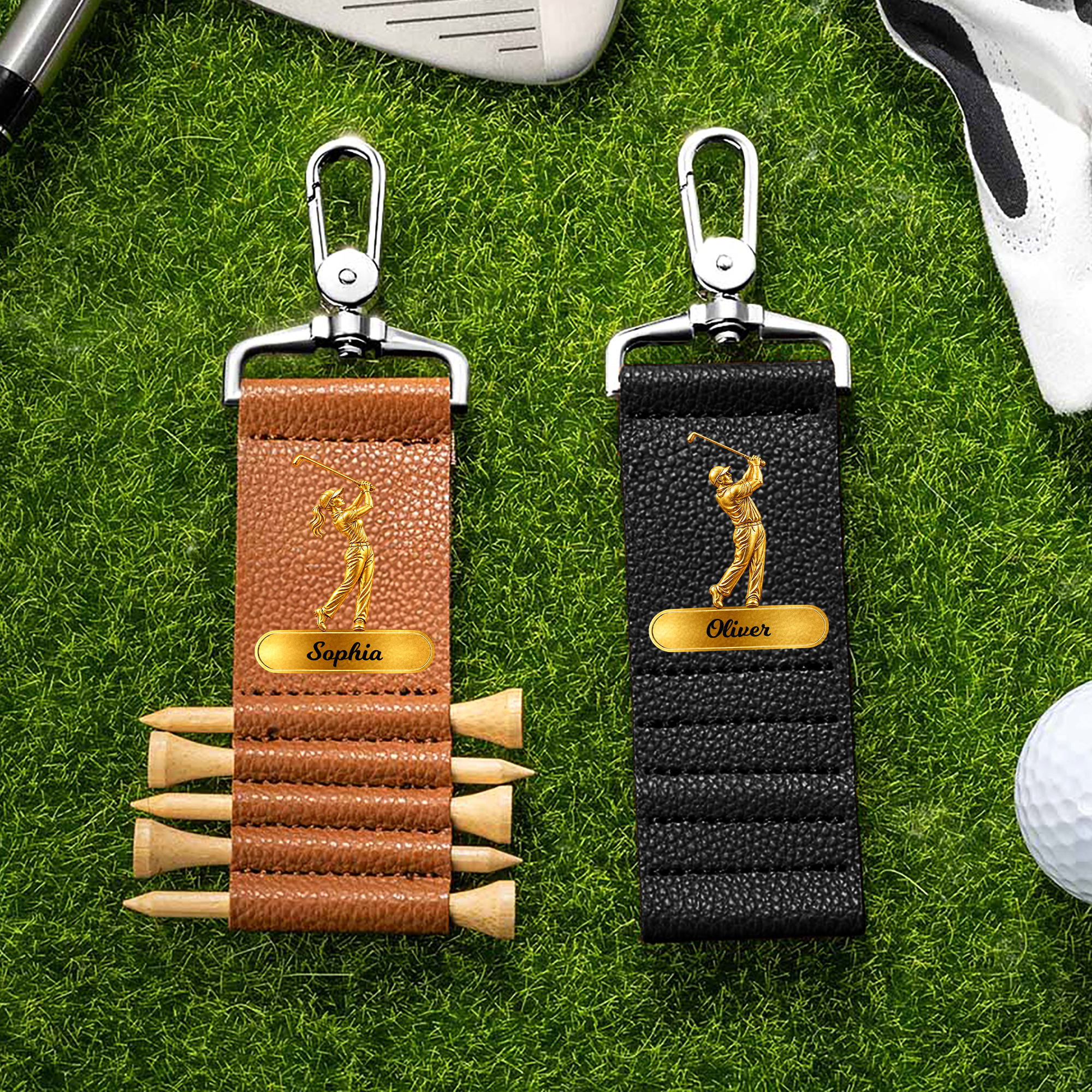 Personalisierter Golf-Tee-Halter aus PU-Leder mit individuellem Schwungmuster, Namensanhänger und 5 Bambus-Tees – das perfekte Geschenk zum Spieltag oder zum Geburtstag für Golfbegeisterte