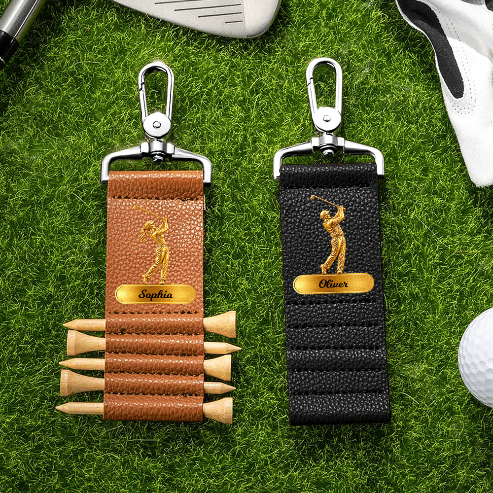 Personalized Golf Swing Pattern PU Leather Golf Tee Holder Bag Tag with Name and 5 Pcs Bamboo Tees Game Day Birthday Gift for Golf Lovers 1
