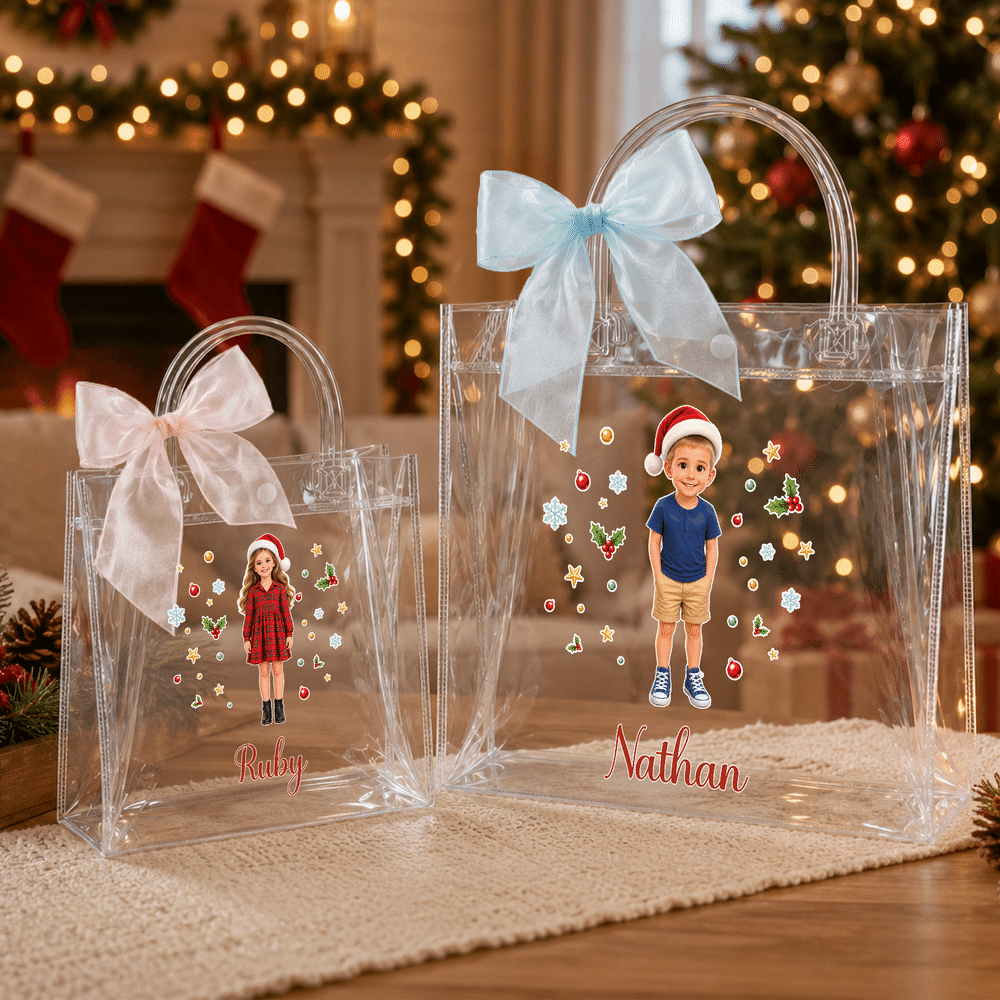 Personalized Snowflake 3D-Effect Artwork Cartoon Character Photo Transparent Bag with Name Christmas Party Gift for Kids Children 5