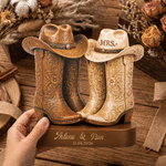Personalised Western Cowboy Boots Mr and Mrs Layered Wooden Decoration with Name and Date Wedding Anniversary Gift for Bride Groom