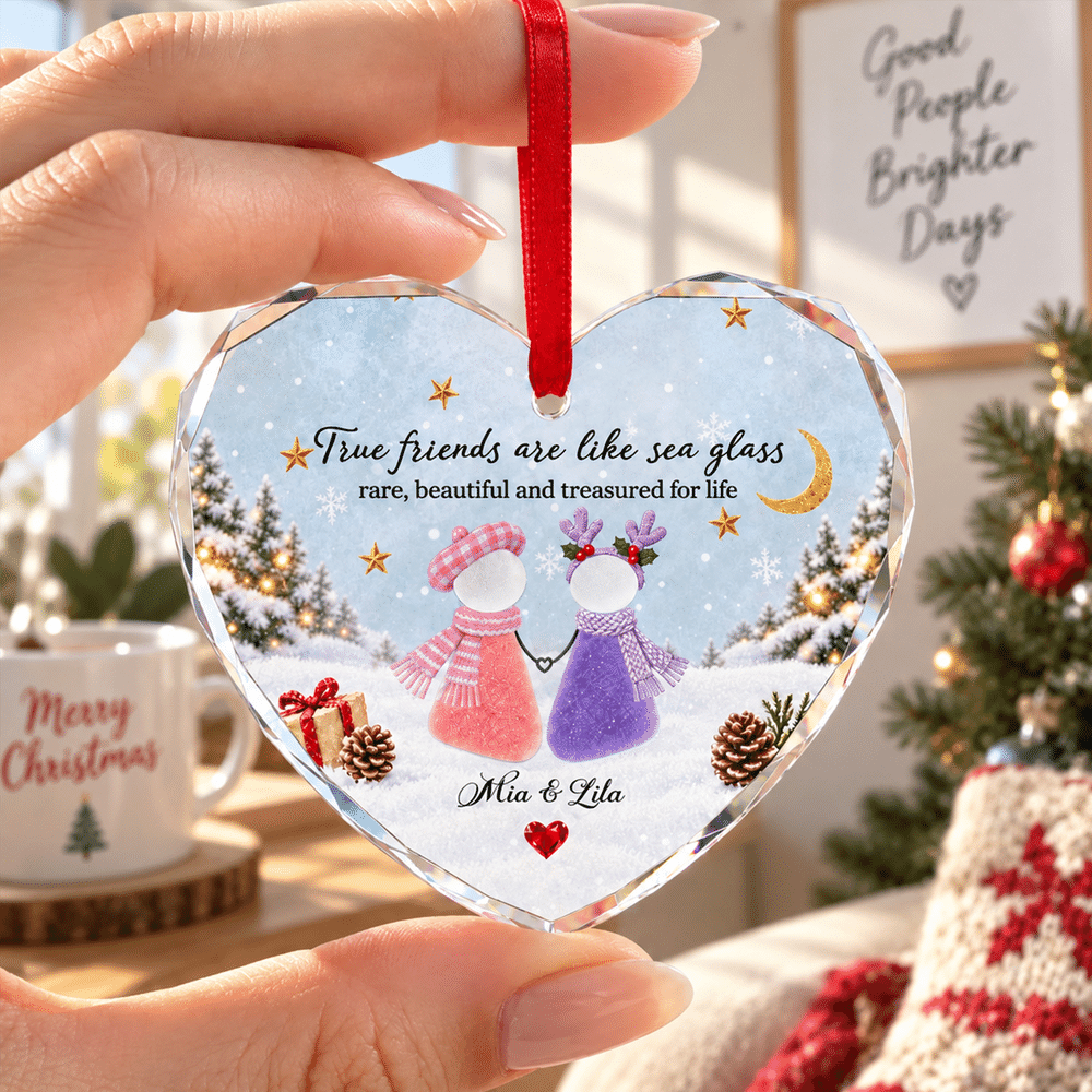 Personlig «True Friends Are Like Sea Glass»-hjerteformet, rund julepynt med navn – julegave til bestevenner 4