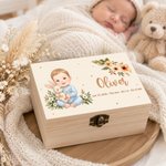 Personalized Cartoon Baby Photo Wooden Storage Box with Name and Birth Information Birthday Baby Shower Gift for Newborn Parents