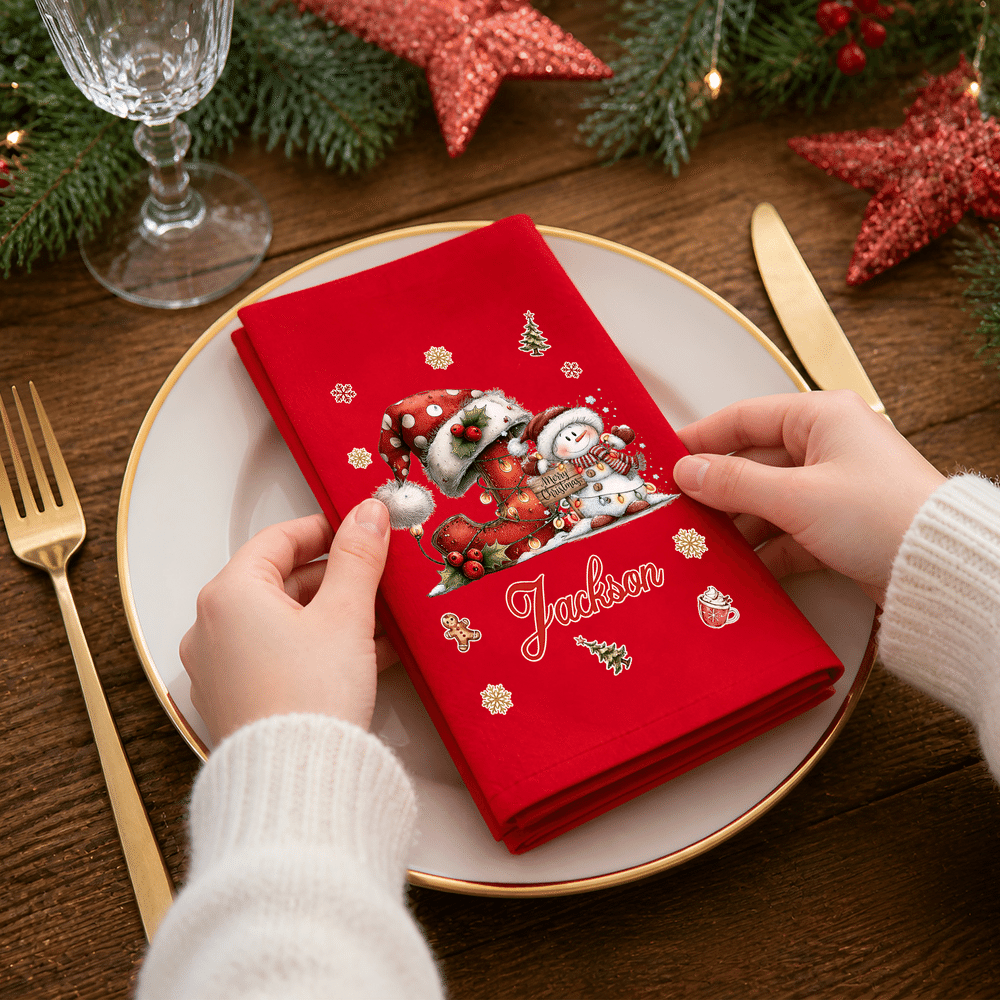 Personalized Hedgehog Fox Vintage Christmas Initial 100% Cotton Red Napkin with Name Table Decor Christmas Gift for Family Friends 2