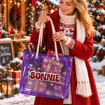 Borsa tote trasparente personalizzata a tema natalizio con fiocchi di neve, campanellino, lettere glitterate e effetto olografico, con nome: regalo di Natale per donne e ragazze 5