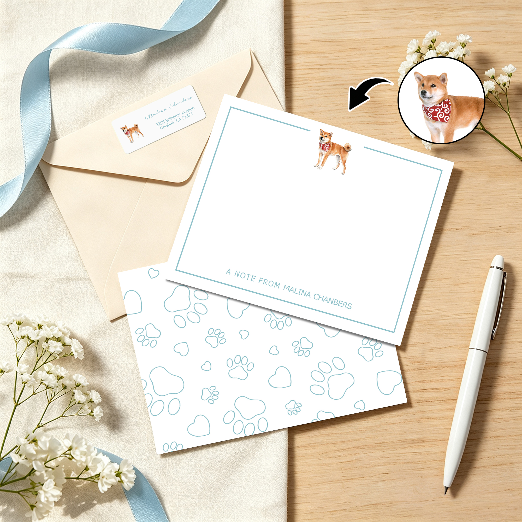 Personalisierte Aquarell-Grußkarte mit Haustierfoto und Pfotenabdruck sowie Namens- und Adressaufkleber – 20er-Set – Geburtstags- und Jubiläumsgeschenk für Freunde und Familie