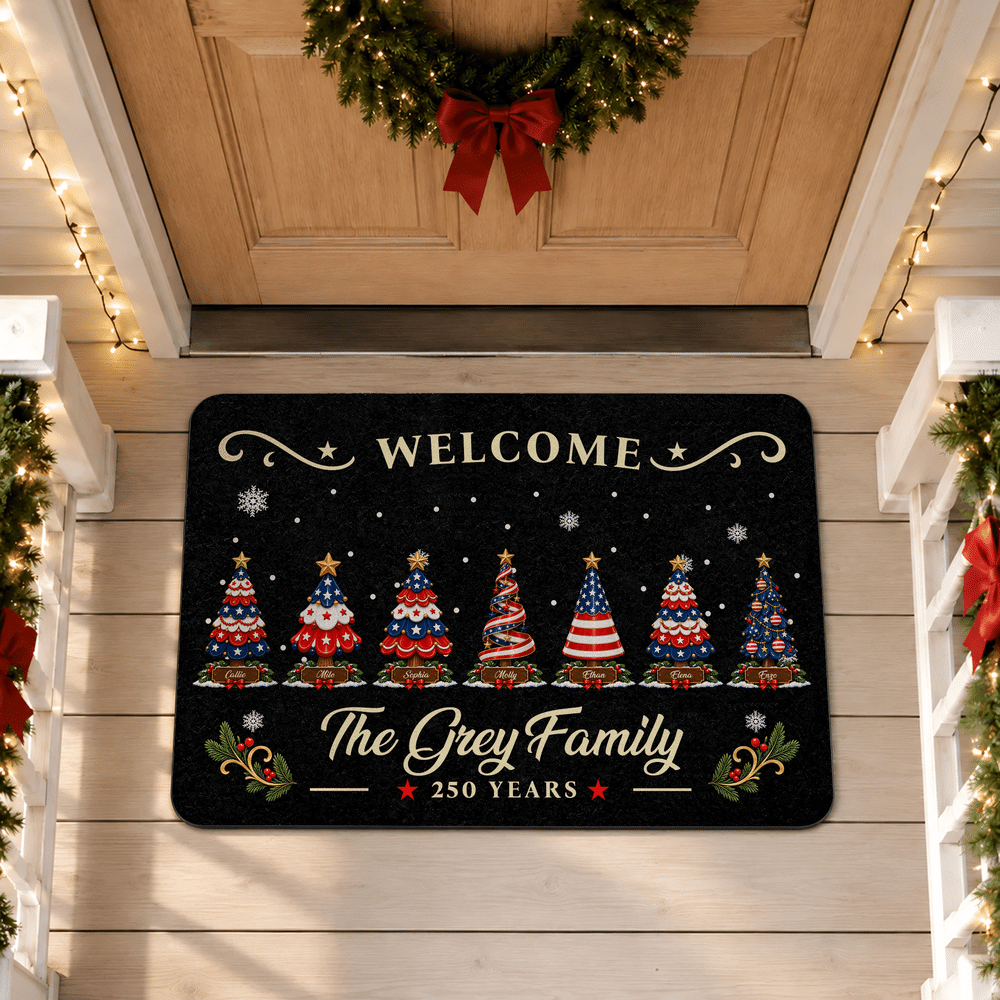 Felpudo de bienvenida personalizado «250 años» con árbol de Navidad en rojo, blanco y azul, con nombre y texto. Decoración para el hogar. Regalo de Navidad para la familia. 4