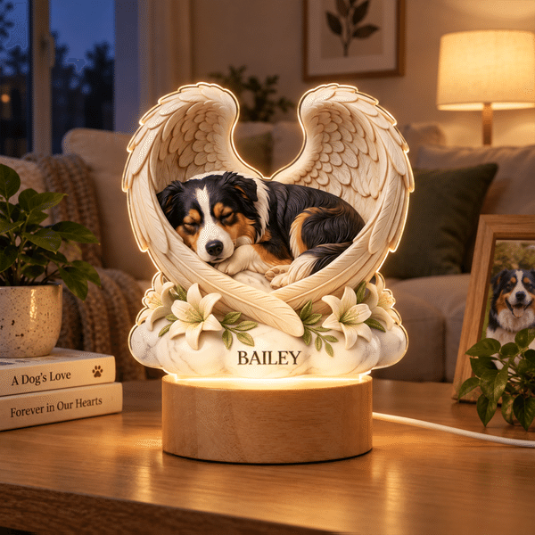 Personalized Angel Wings Pet Photo Acrylic LED Night Light with Wooden Base and Name Home Decor Memorial Gift for Pet Owners Lovers