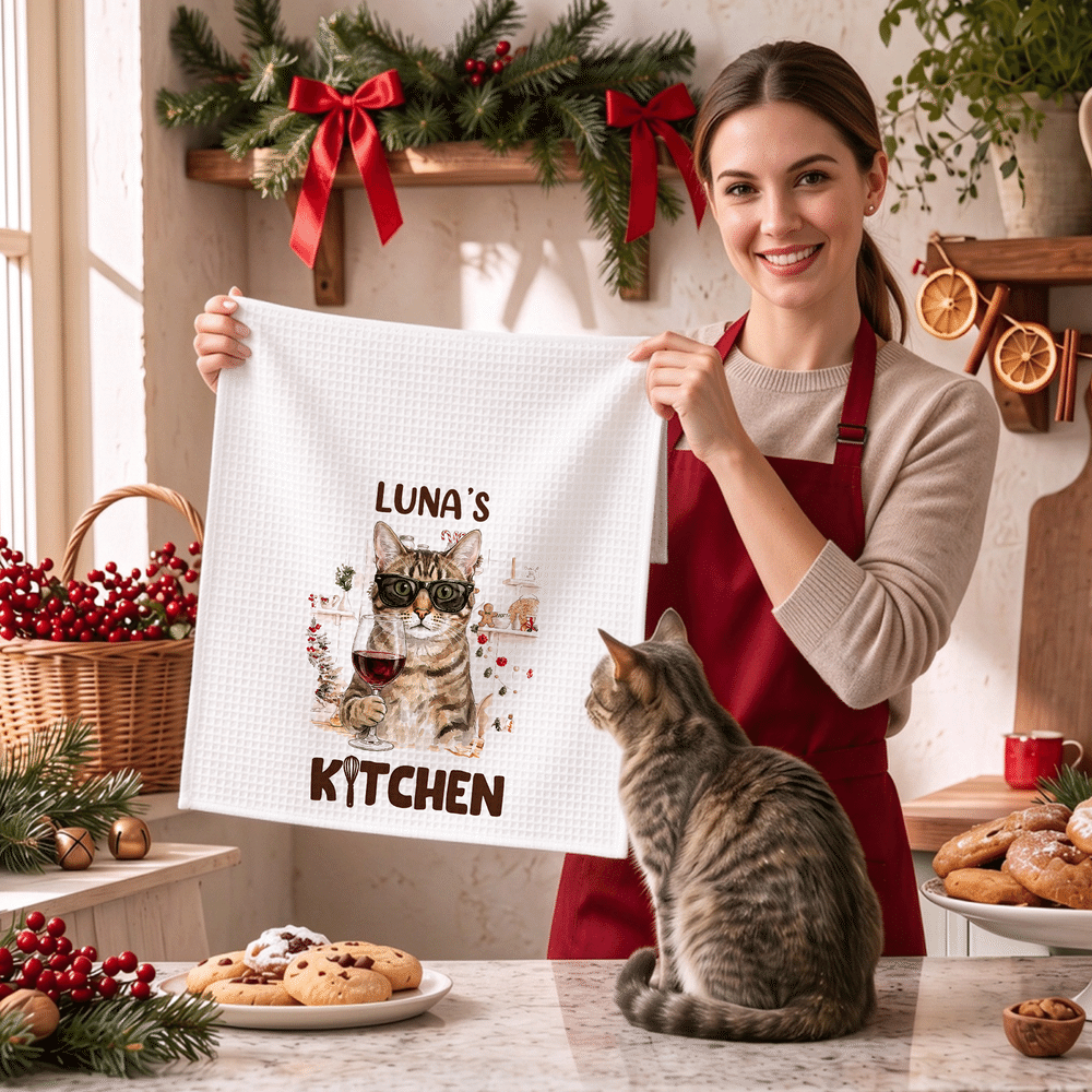 Personalised Watercolor Pet Portrait Kitchen Baking Theme Tea Towel with Name Daily Use Christmas Baking Gift for Pet Lover Chef 5