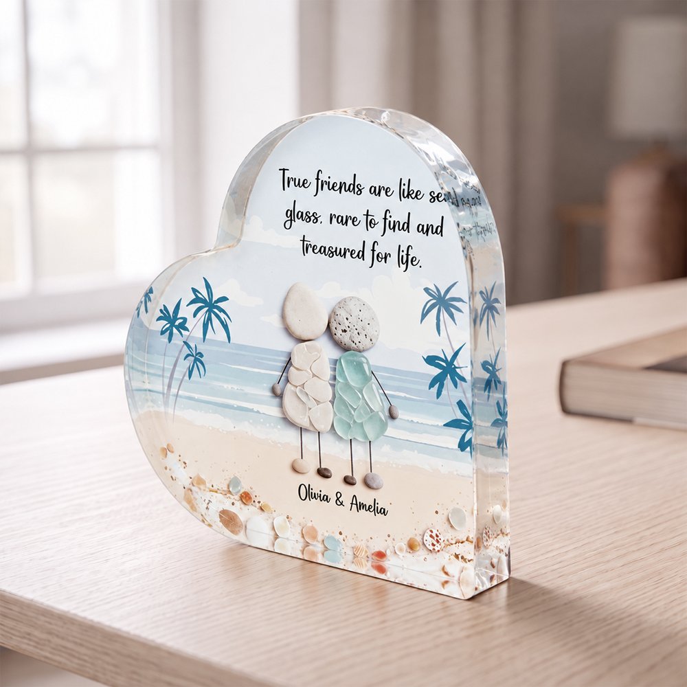 Personalized 3D-Effect Artwork Sea Glass Inspired Beach Heart-Shaped Acrylic Plaque with Text Birthday Friendship Gift for Sisters Friends Bestie 3