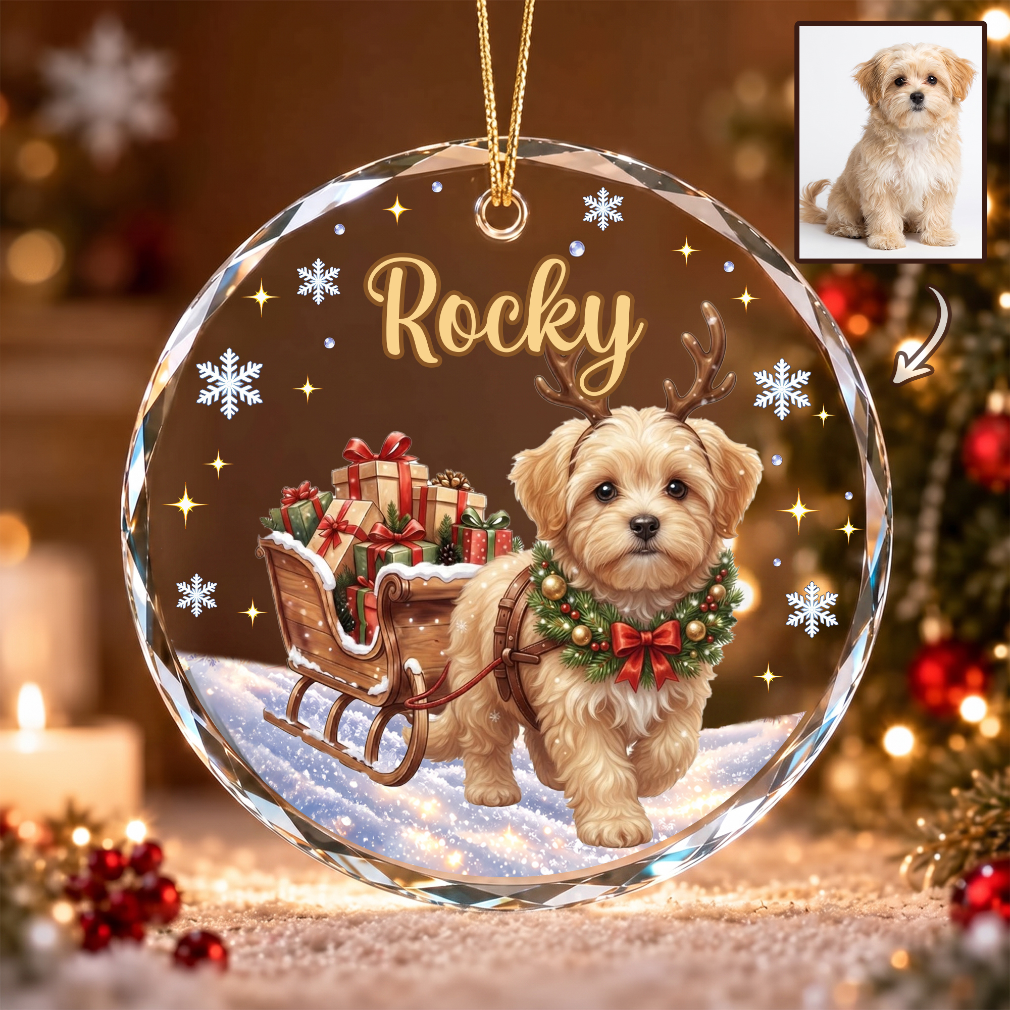 Personalised Dreamy Snowflake Sleigh Antlers Christmas Pet Photo Glass Ornament with Name Tree Decor Christmas New Year Gift for Pet Owners Lovers