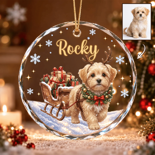Personalized Watercolor Christmas Pet Photo Glass Ornament with Name Tree Decoration Christmas New Year Gift for Pet Owners Lovers