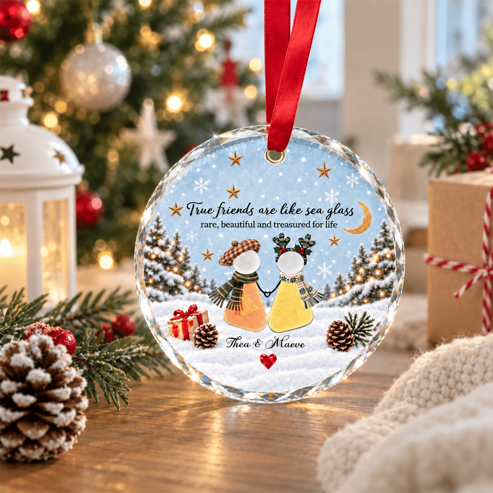 Personlig «True Friends Are Like Sea Glass»-hjerteformet, rund julepynt med navn – julegave til bestevenner 2