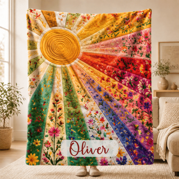 Couverture légère personnalisée « Sunlight Rainbow Flower » avec prénom – Décoration d'intérieur – Cadeau d'anniversaire ou de mariage pour la famille ou un ami