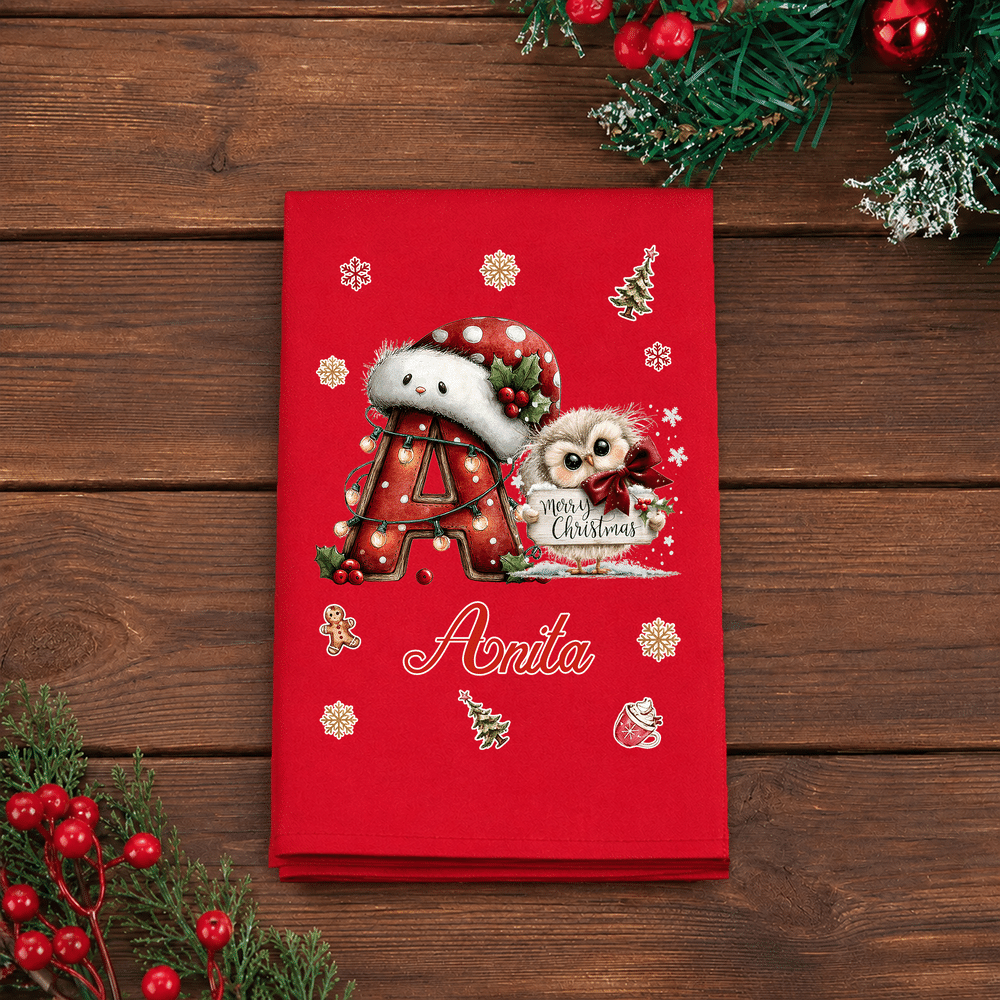 Personalized Hedgehog Fox Vintage Christmas Initial 100% Cotton Red Napkin with Name Table Decor Christmas Gift for Family Friends 6