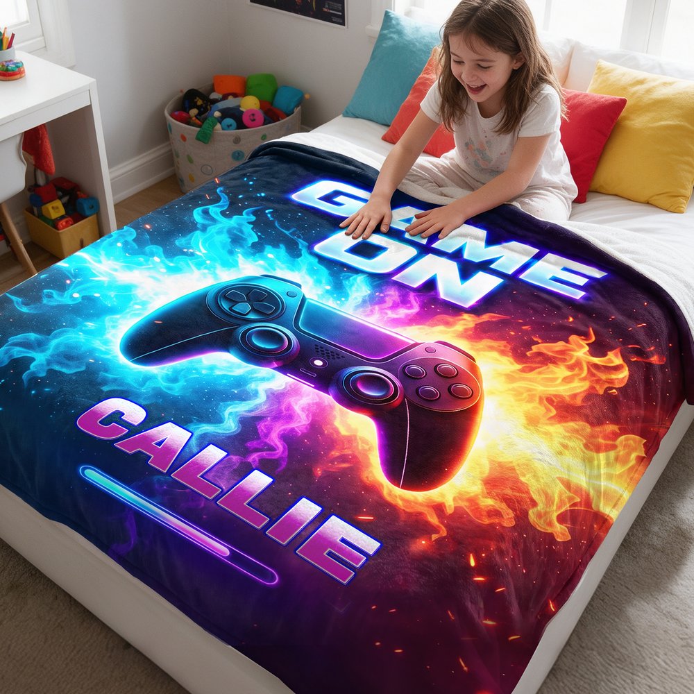 Personalized Game Controller Gradient Neon Fire Cozy Throw Blanket with Name Home Decor Birthday Christmas Game Night Gift for Kids Gamers 4