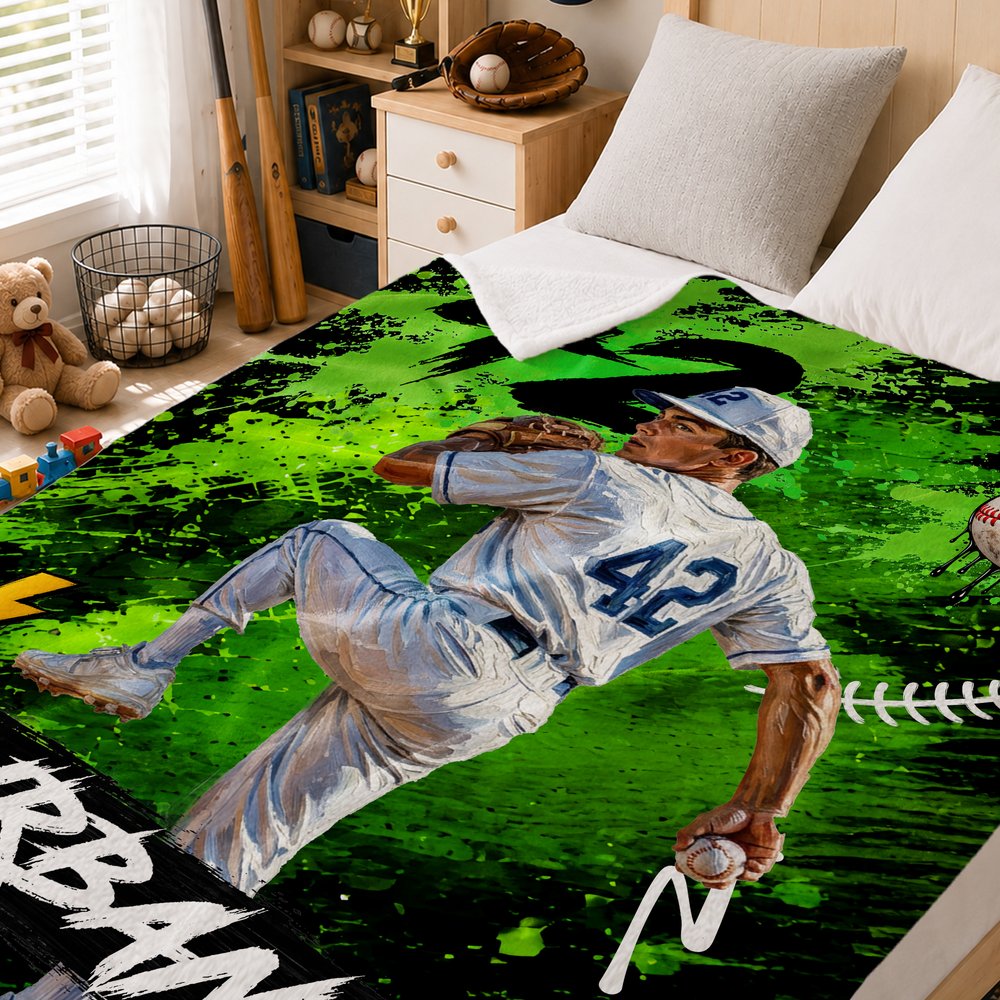 Personalized Graffiti Oil Painting Style Photo Soft Throw Blanket with Name Baseball Club Birthday Gift for Baseball Player Lover 5