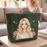 Borsa tote in velluto a coste personalizzata con foto, personaggio dei cartoni animati, fiore del mese di nascita e nome – Per l’uso quotidiano, la spesa e come regalo di compleanno per la fidanzata o le donne