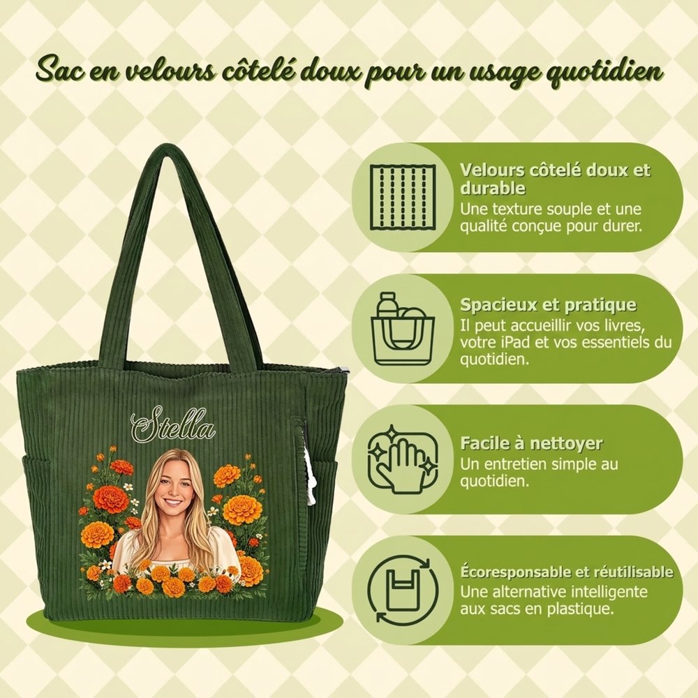 Sac fourre-tout en velours côtelé personnalisé avec fleur de naissance nom et photo transformée en style 3D - Cadeau d'anniversaire pour les femmes 13